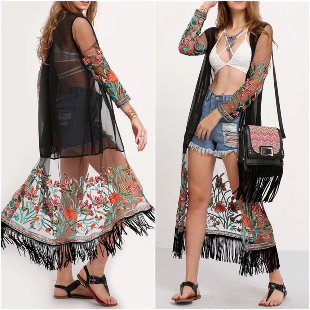 Floral Embroidered Sheer Black Kimono